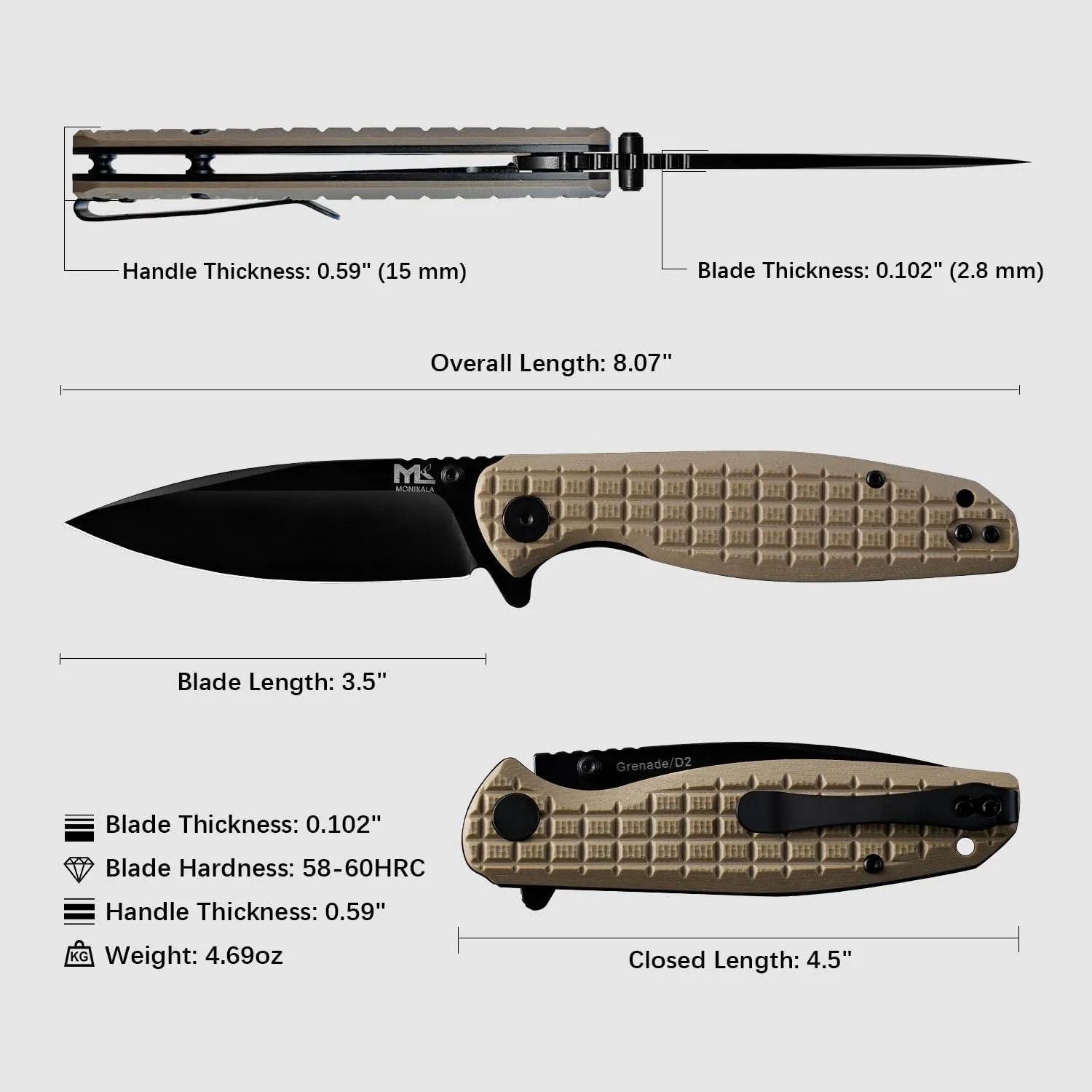 Folding Pocket Knife: 3.5" EDC Knives with G10 handle & D2 Tool Steel for Men Women - Portable Pocket Clip for Camping Hiking Survival Hunting (Brown)