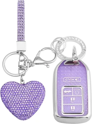 for Honda key fob cover with Diamond Heart Keychain, Car Accessories TPU for 2016-2022 Accord Civic CRV Pilot Odyssey Smart Key Case, Silver Purple