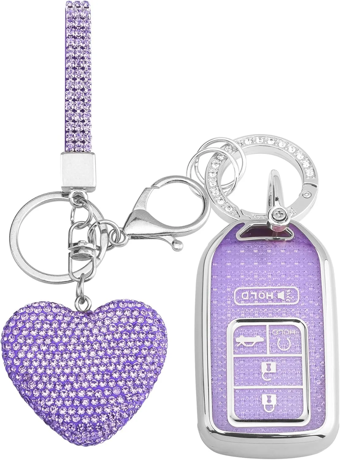 for Honda key fob cover with Diamond Heart Keychain, Car Accessories TPU for 2016-2022 Accord Civic CRV Pilot Odyssey Smart Key Case, Silver Purple