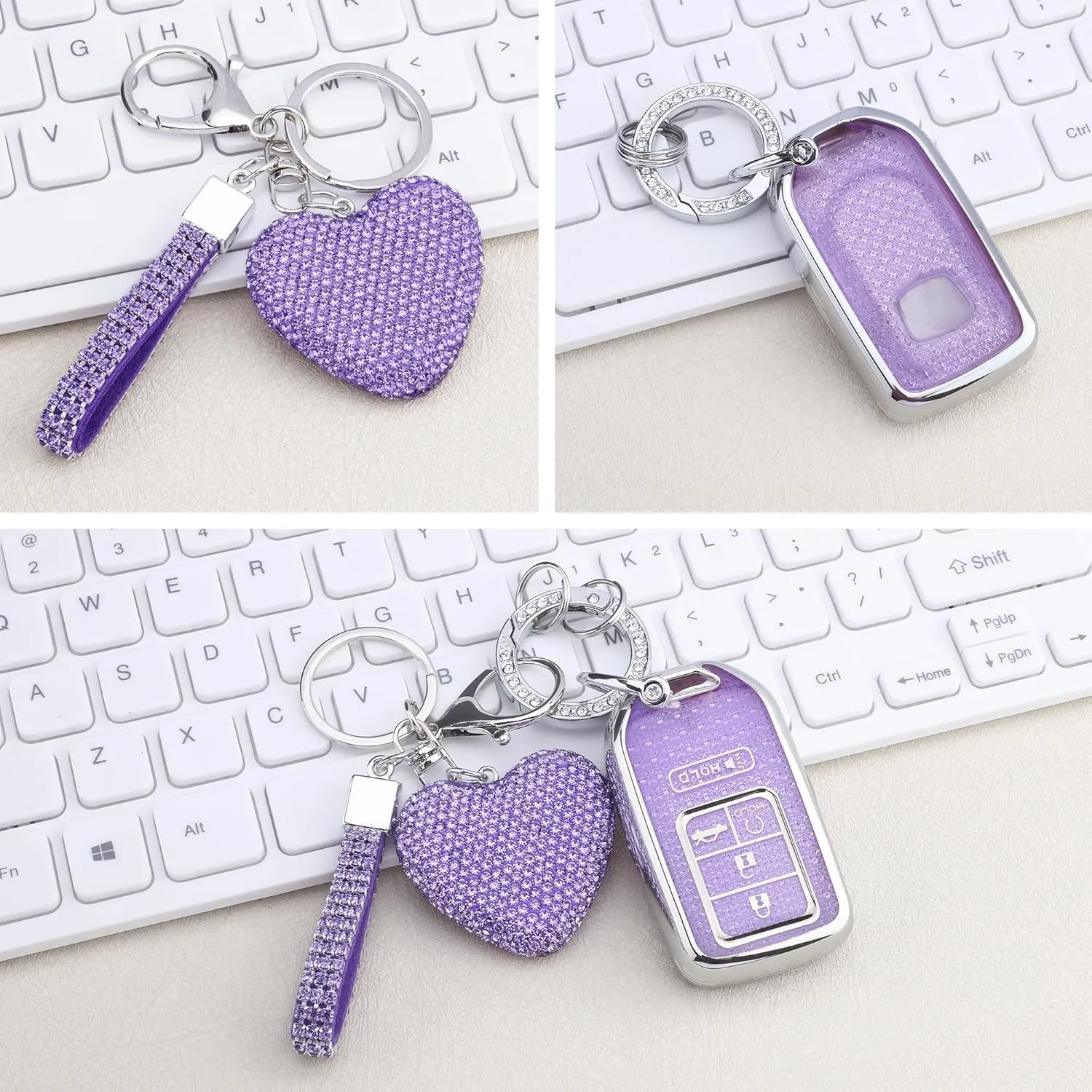 for Honda key fob cover with Diamond Heart Keychain, Car Accessories TPU for 2016-2022 Accord Civic CRV Pilot Odyssey Smart Key Case, Silver Purple