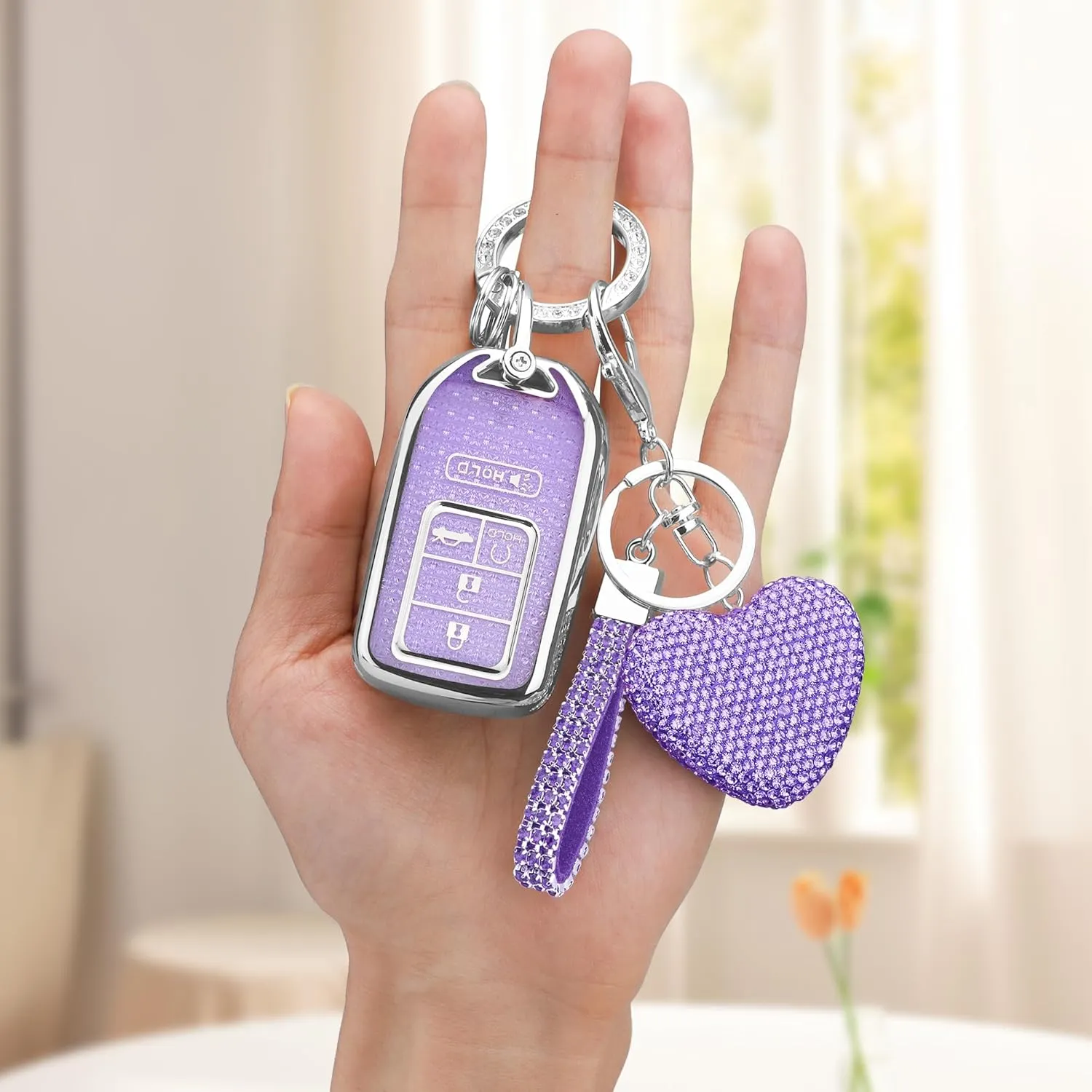 for Honda key fob cover with Diamond Heart Keychain, Car Accessories TPU for 2016-2022 Accord Civic CRV Pilot Odyssey Smart Key Case, Silver Purple