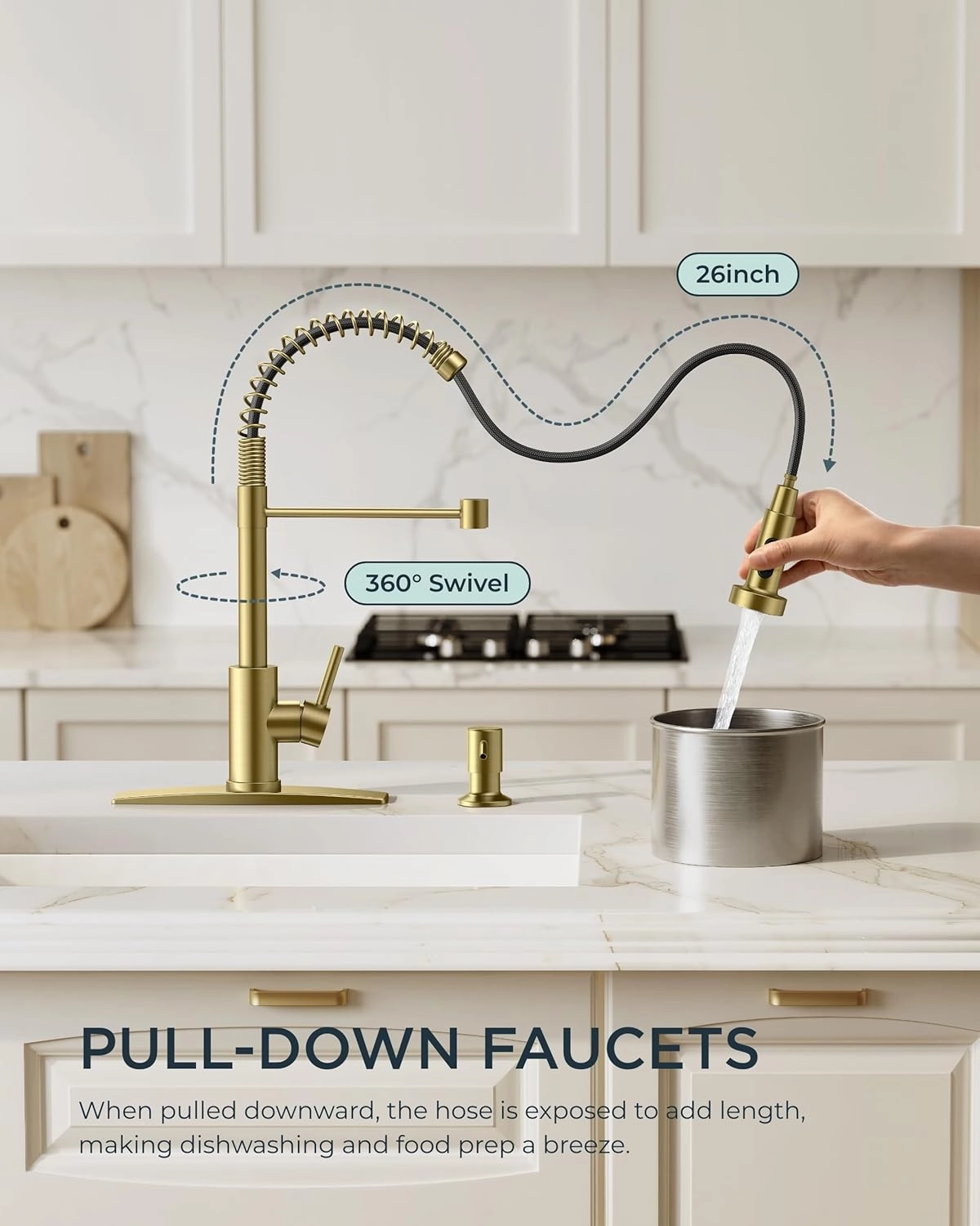 FORIOUS Gold Kitchen Faucet with Pull Down Sprayer, Stainless Steel Commercial Single Handle Classic Spring Pull Out Sink Faucet for Farmhouse Camper Laundry Utility Room