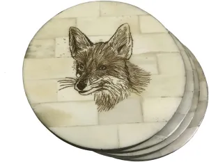 Fox Head Scrimshaw Bone Coasters - Set of 4