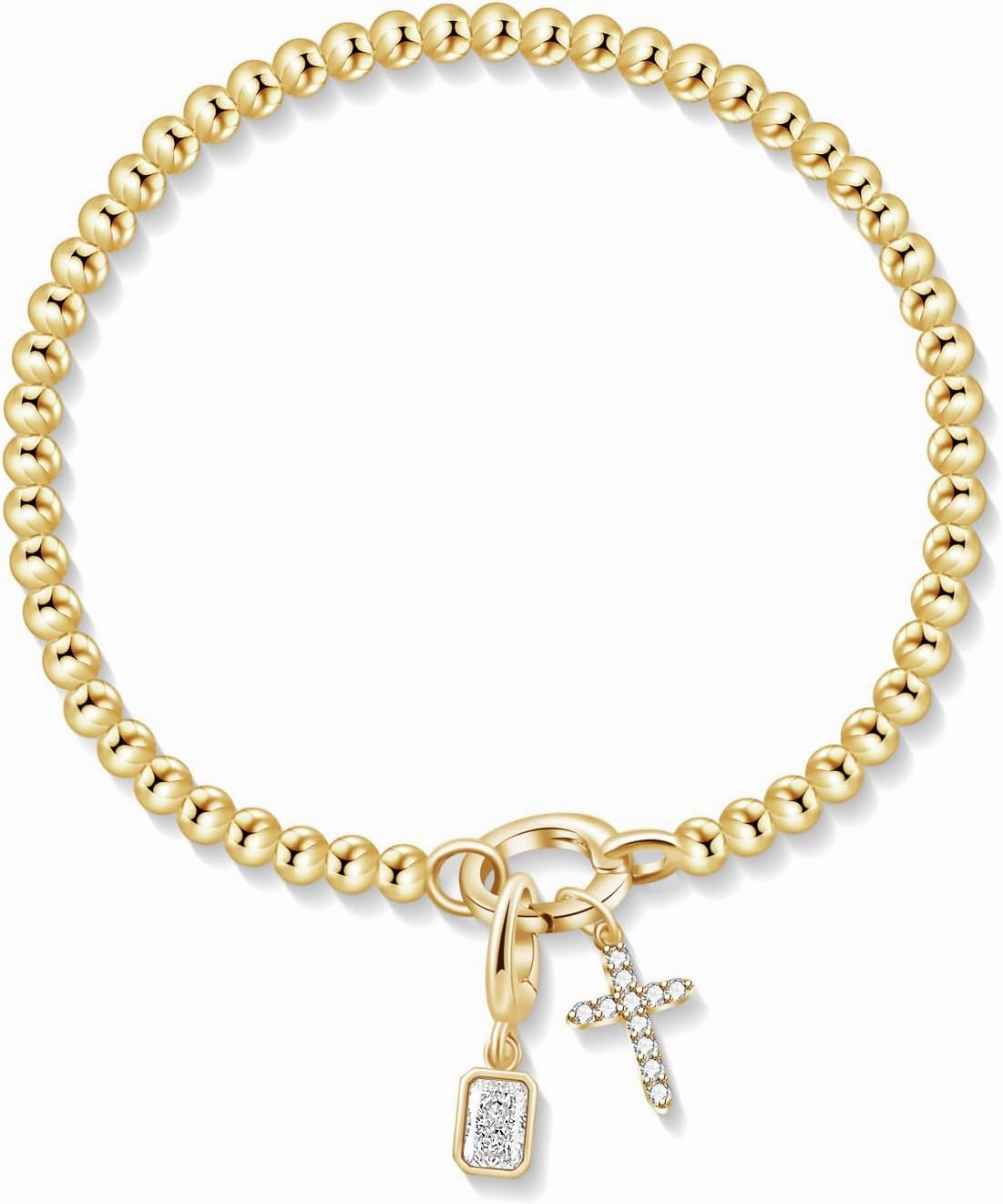 Free bird Cross Birthstone Bracelet | Dainty 14K Gold Plated Cross Charm Bracelet for Women | Stretchable Elastic Gold Beaded Bracelet | Stackable Trendy Birthstone Bracelet | Jewelry Gifts for Women