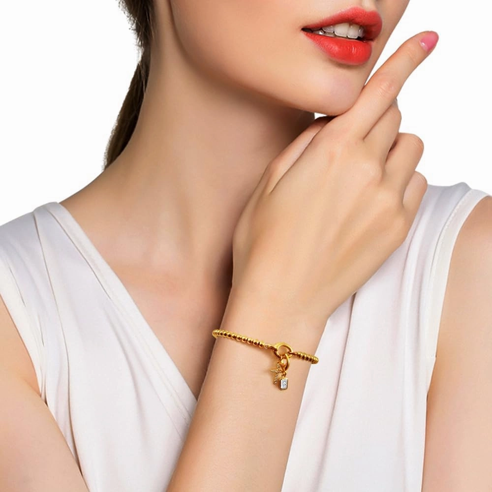Free bird Cross Birthstone Bracelet | Dainty 14K Gold Plated Cross Charm Bracelet for Women | Stretchable Elastic Gold Beaded Bracelet | Stackable Trendy Birthstone Bracelet | Jewelry Gifts for Women