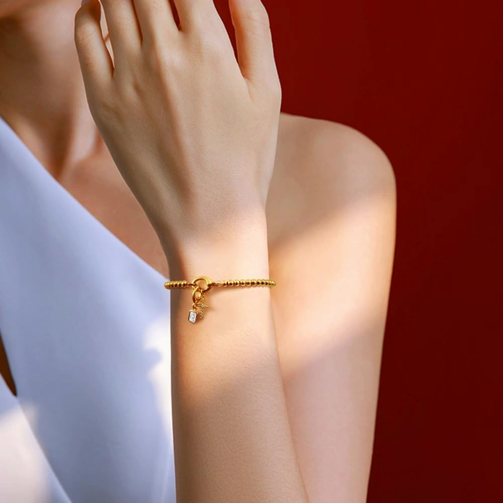 Free bird Cross Birthstone Bracelet | Dainty 14K Gold Plated Cross Charm Bracelet for Women | Stretchable Elastic Gold Beaded Bracelet | Stackable Trendy Birthstone Bracelet | Jewelry Gifts for Women