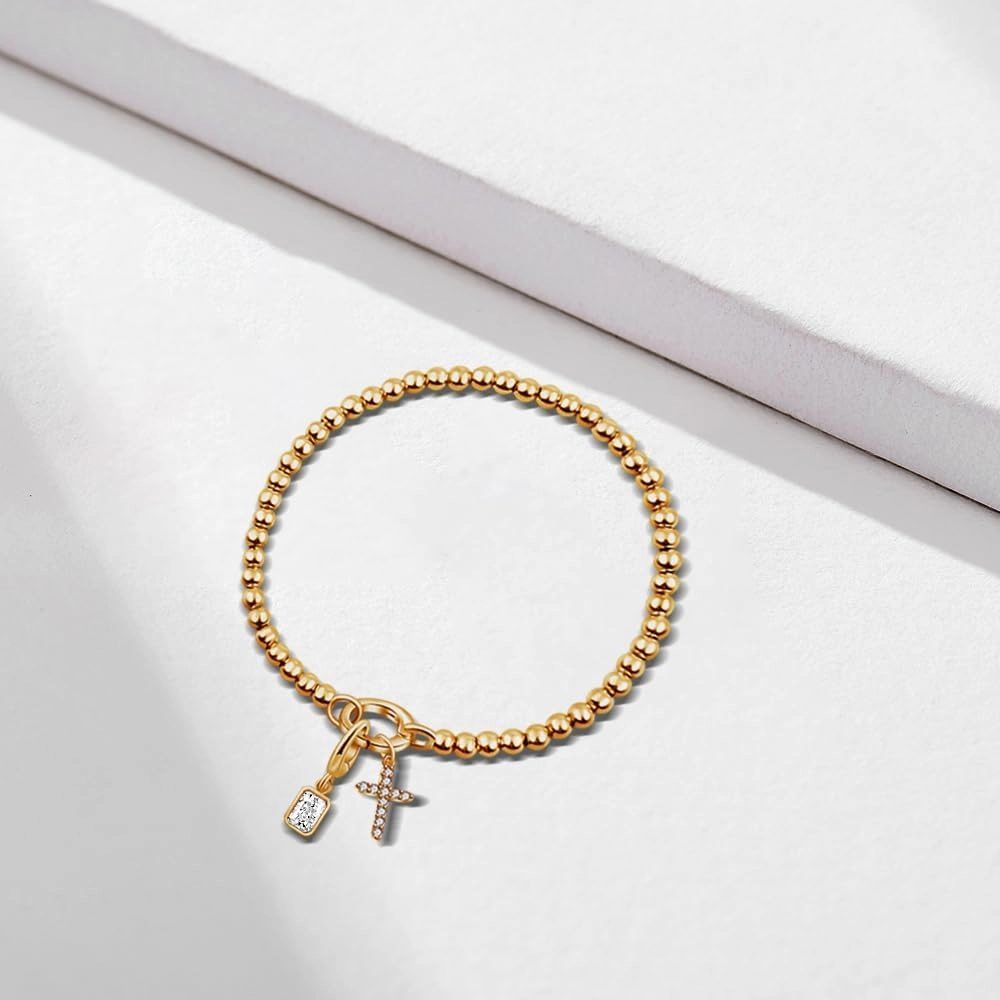 Free bird Cross Birthstone Bracelet | Dainty 14K Gold Plated Cross Charm Bracelet for Women | Stretchable Elastic Gold Beaded Bracelet | Stackable Trendy Birthstone Bracelet | Jewelry Gifts for Women