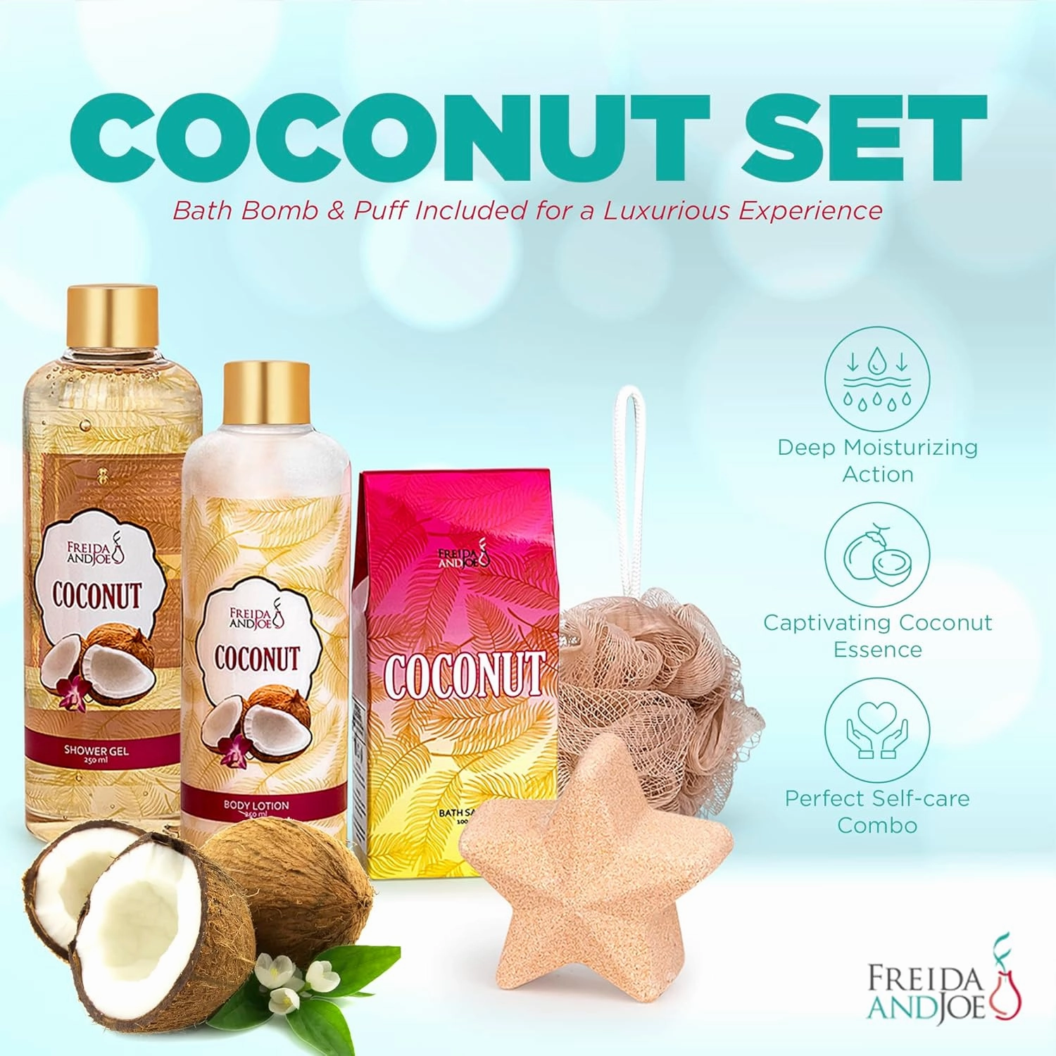 Freida & Joe Spa Bath and Body Gift Basket for Women- Coconut Bath shower, Coconut Scent Body Skincare Collection Gifts for Mom, Wife, Girlfriend