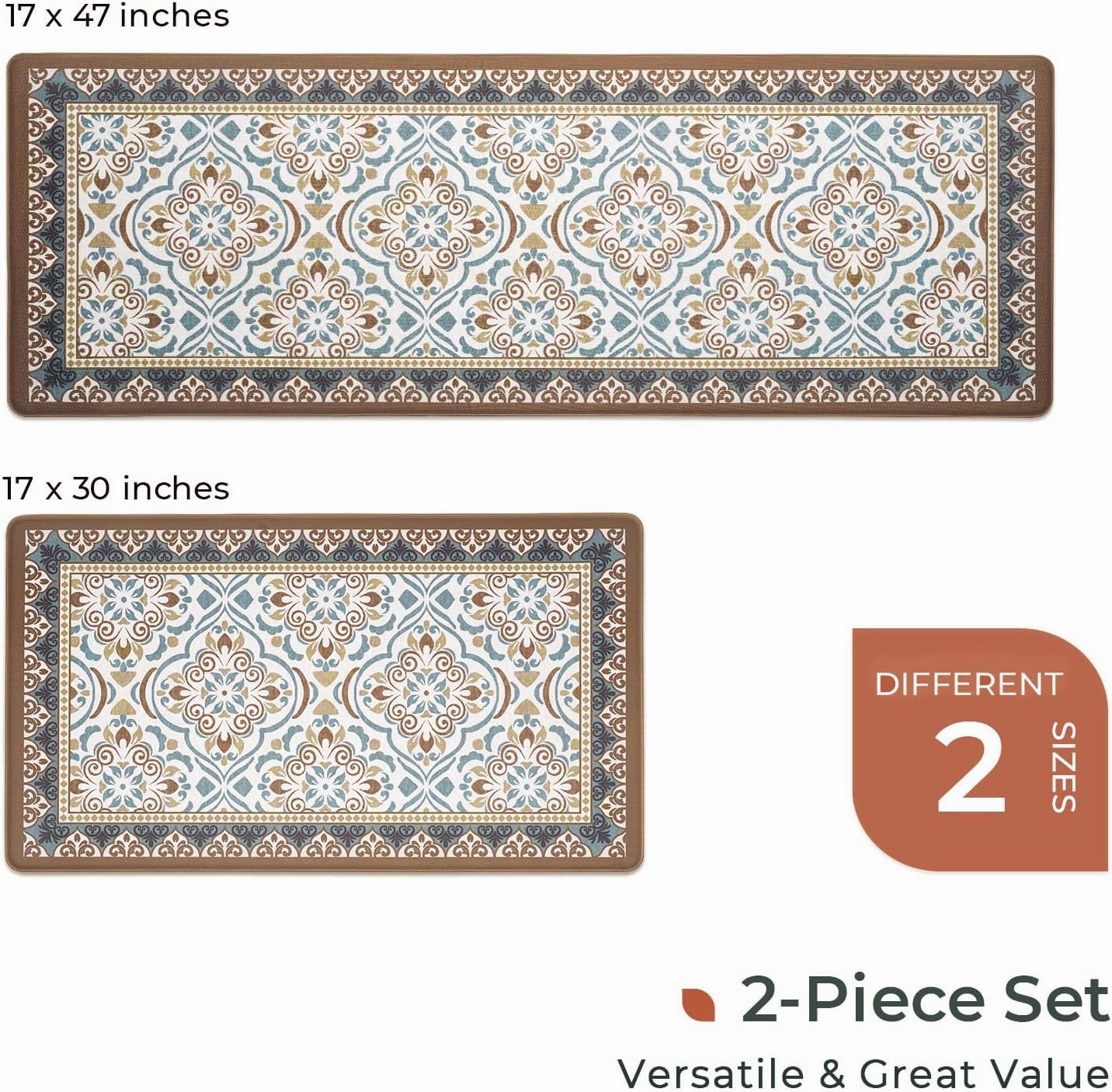 FRESHMINT Anti Fatigue Kitchen Mats for Floor 2 Piece Set, Waterproof & Non-Skid Moroccan Tile Kitchen Rugs, Cushioned Kitchen Mat for Standing Washable Comfort Desk Kitchen Runners, 17x30 17x47