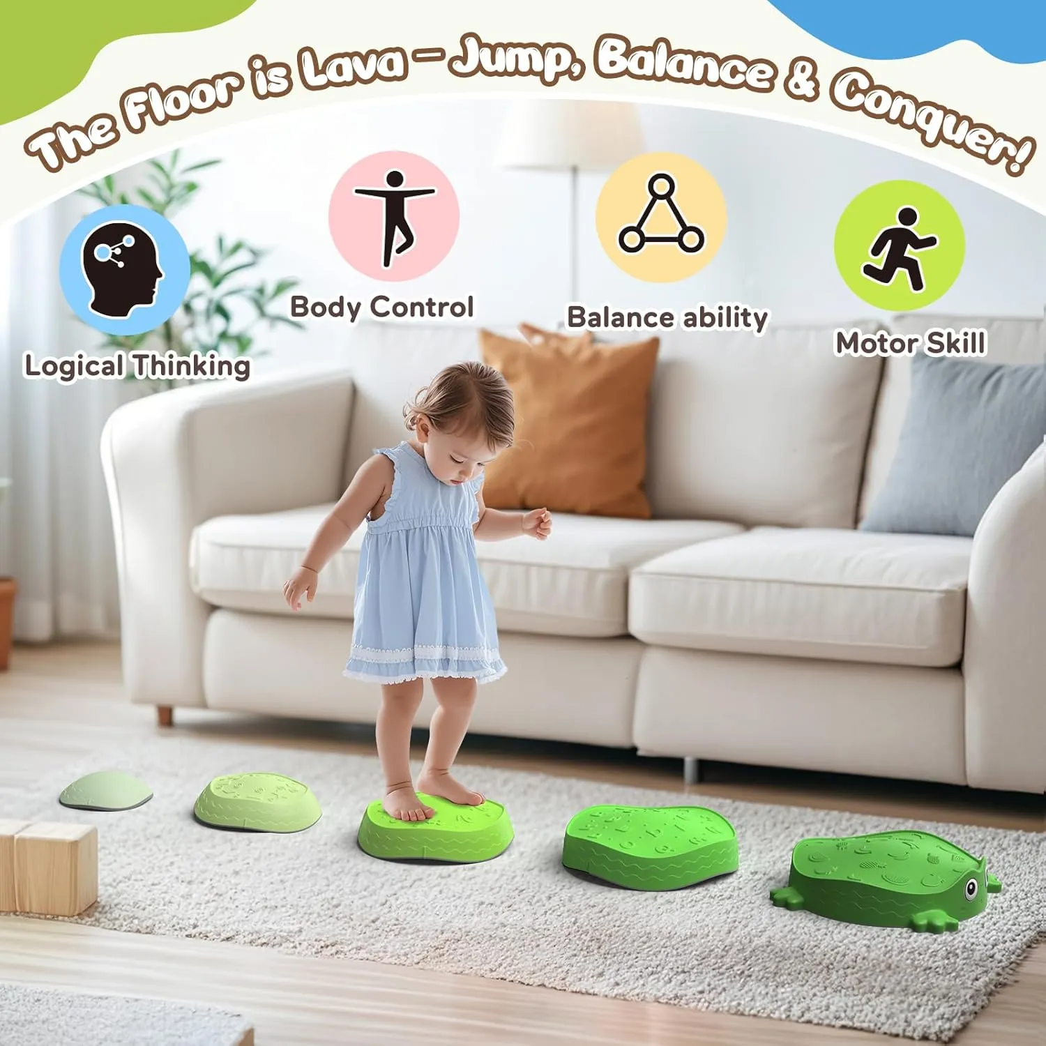 Frog Stepping Stones for Kids, Non-Slip Toddler Sensory Balance Stepping Stones for Promoting Children’s Coordination Skills, Obstacle Course Game Toys Indoor/Outdoor Play for Kids