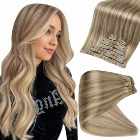 Full Shine Seamless Clip in Hair Extensions Ash Blonde Mix Platinum Blonde Human Hair Straight 14 Inch & 22 Inch Total 8 Pieces