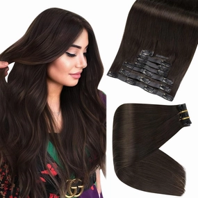 Full Shine Seamless Clip in Hair Extensions Darkest Brown Human Hair Straight 14 Inch & 20 Inch Total 8 Pieces