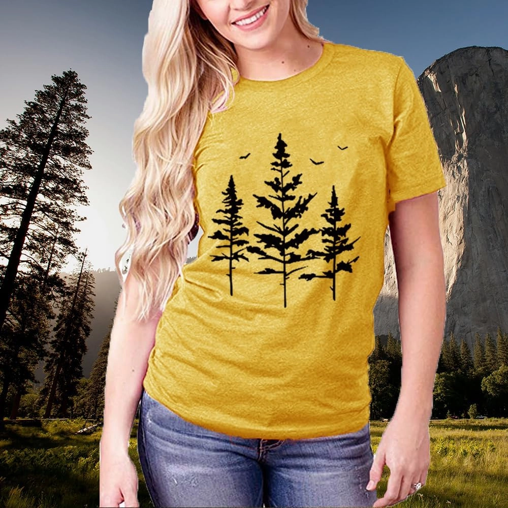 Funny Graphic Women Skinny Pine Tree Shirt Summer Hiking Camping Athletic Tees Nature Casual Comfy Clothes