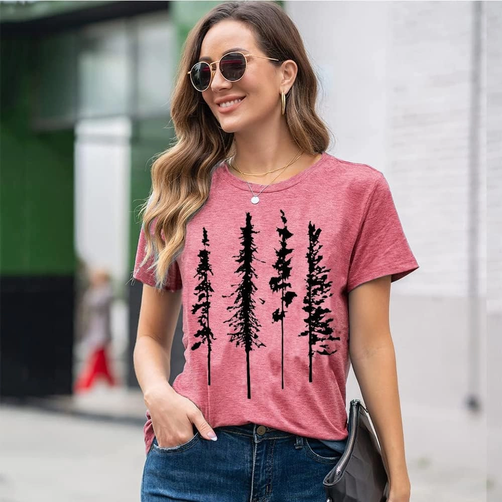 Funny Graphic Women Skinny Pine Tree Shirt Summer Hiking Camping Athletic Tees Nature Casual Comfy Clothes