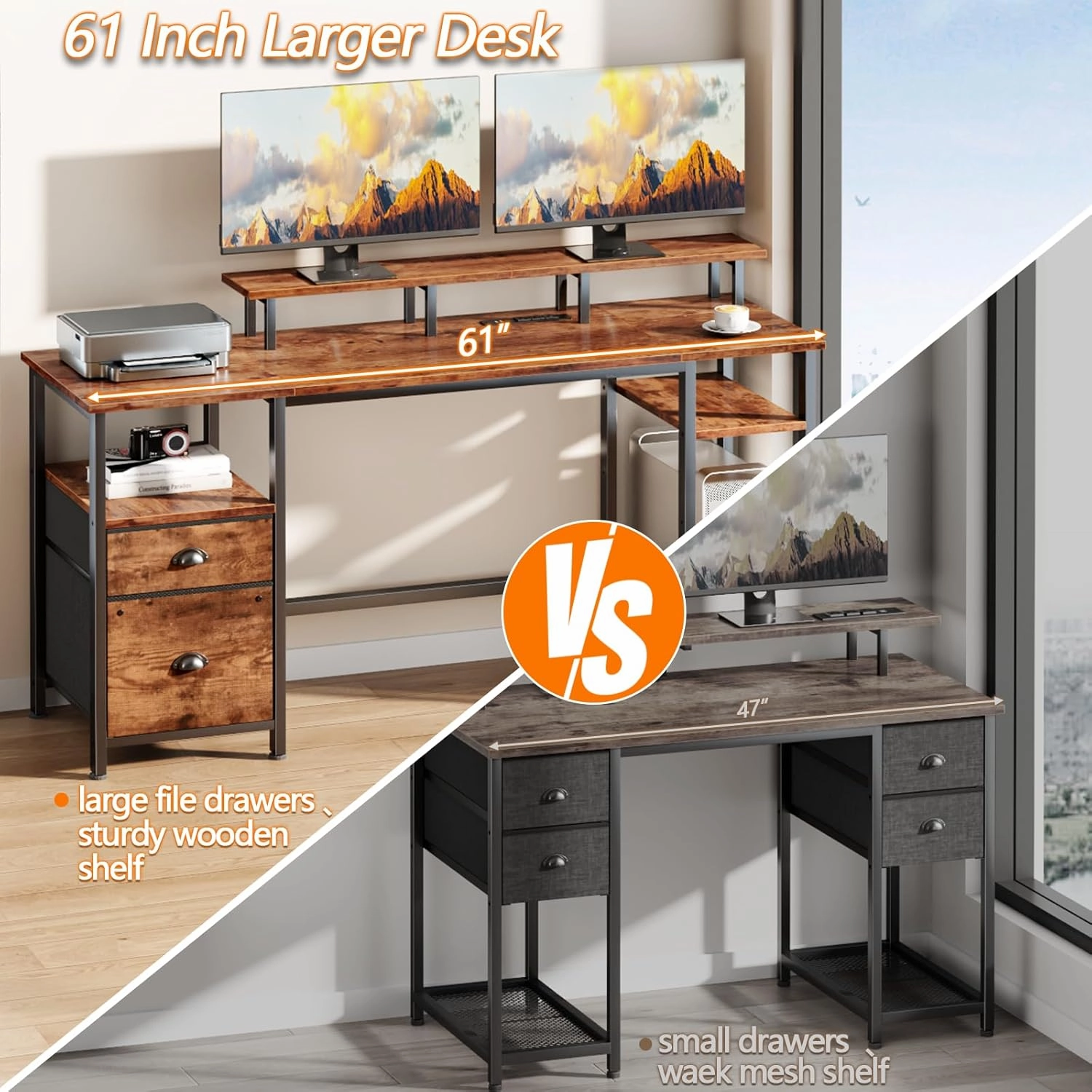 Furologee 61" Computer Desk with Power Outlet and LED Lights, Desk with Fabric File Cabinet Drawer, Large Reversible Table with Shelves and Monitor Stand, Writing Study Table for Home Office