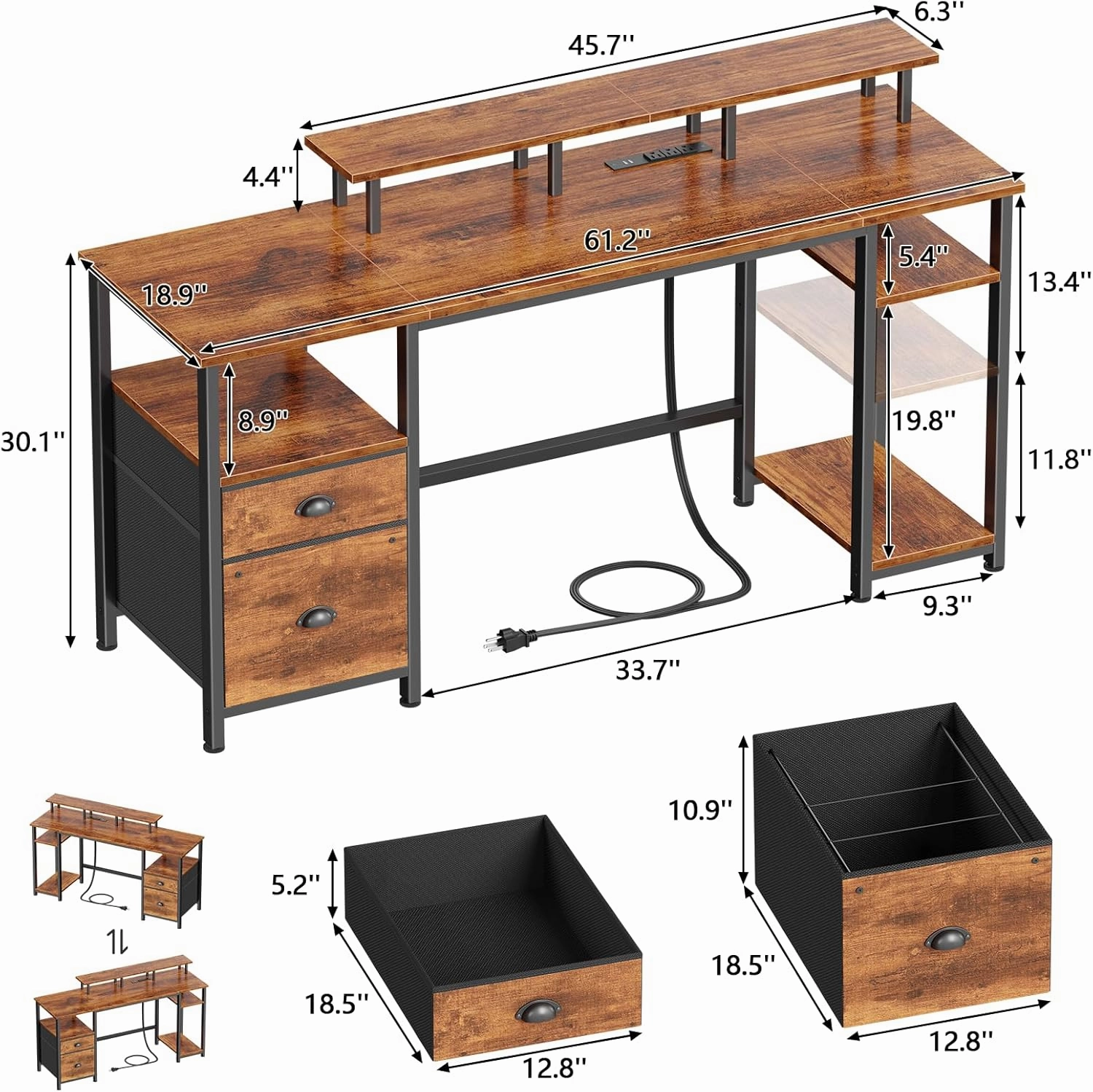 Furologee 61" Computer Desk with Power Outlet and LED Lights, Desk with Fabric File Cabinet Drawer, Large Reversible Table with Shelves and Monitor Stand, Writing Study Table for Home Office