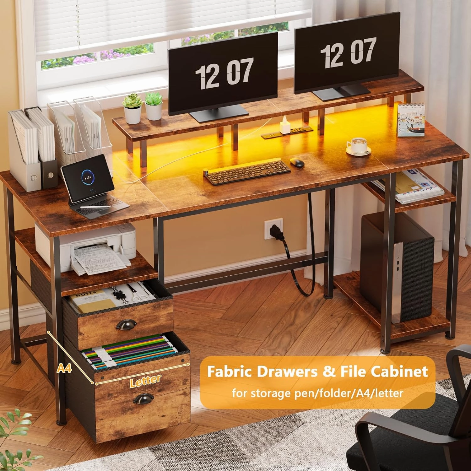 Furologee 61" Computer Desk with Power Outlet and LED Lights, Desk with Fabric File Cabinet Drawer, Large Reversible Table with Shelves and Monitor Stand, Writing Study Table for Home Office