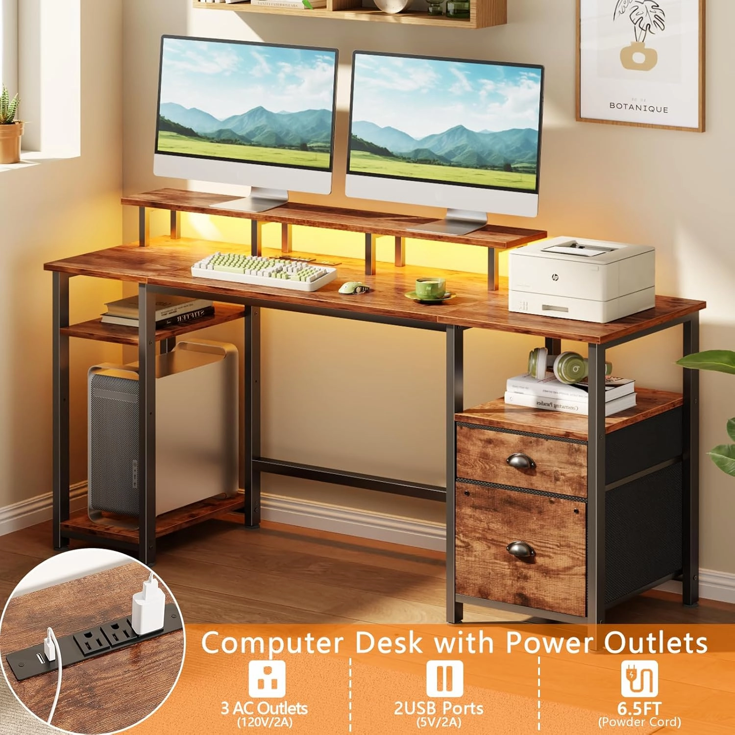 Furologee 61" Computer Desk with Power Outlet and LED Lights, Desk with Fabric File Cabinet Drawer, Large Reversible Table with Shelves and Monitor Stand, Writing Study Table for Home Office