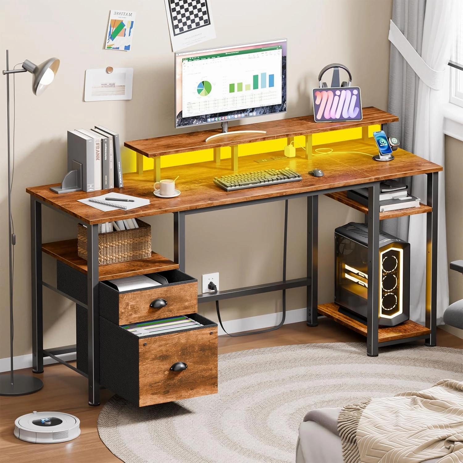 Furologee 61" Computer Desk with Power Outlet and LED Lights, Desk with Fabric File Cabinet Drawer, Large Reversible Table with Shelves and Monitor Stand, Writing Study Table for Home Office