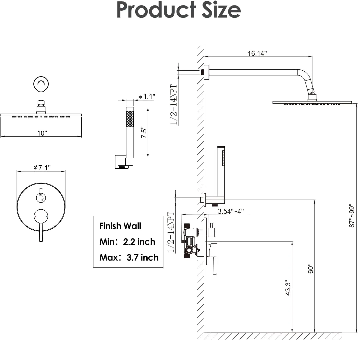 Gabrylly Black Shower Faucet Set, Wall Mounted System with Shower Valve, High Pressure 10" Rain Shower head with Handheld Spray Combo, 2 Way Rainfall Shower Fixtures, Matte Black