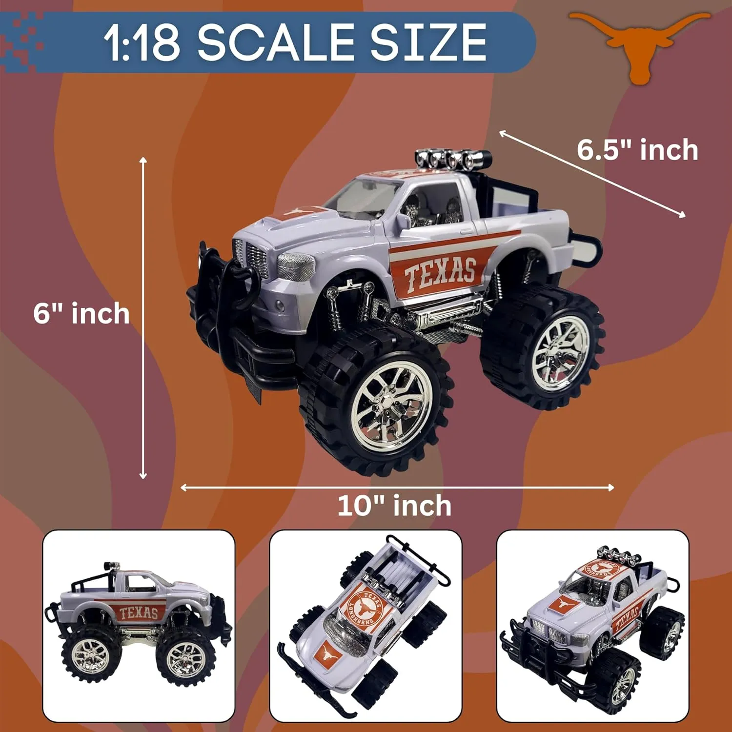 Game Day Outfitters Texas Longhorns Monster Truck Push and Go, Friction Powered | Officially Licensed Logo Toy Truck 1:18 Scale Truck | for NCAA Fans, Boys, Kids