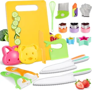 Ganiza 23 Pcs Kids Knife Set for Real Cooking, Montessori Toddlers Kitchen Tools with Gloves, Cutting Board, Crinkle & Sandwich Cutters,Y Peelers and Toddler Knives