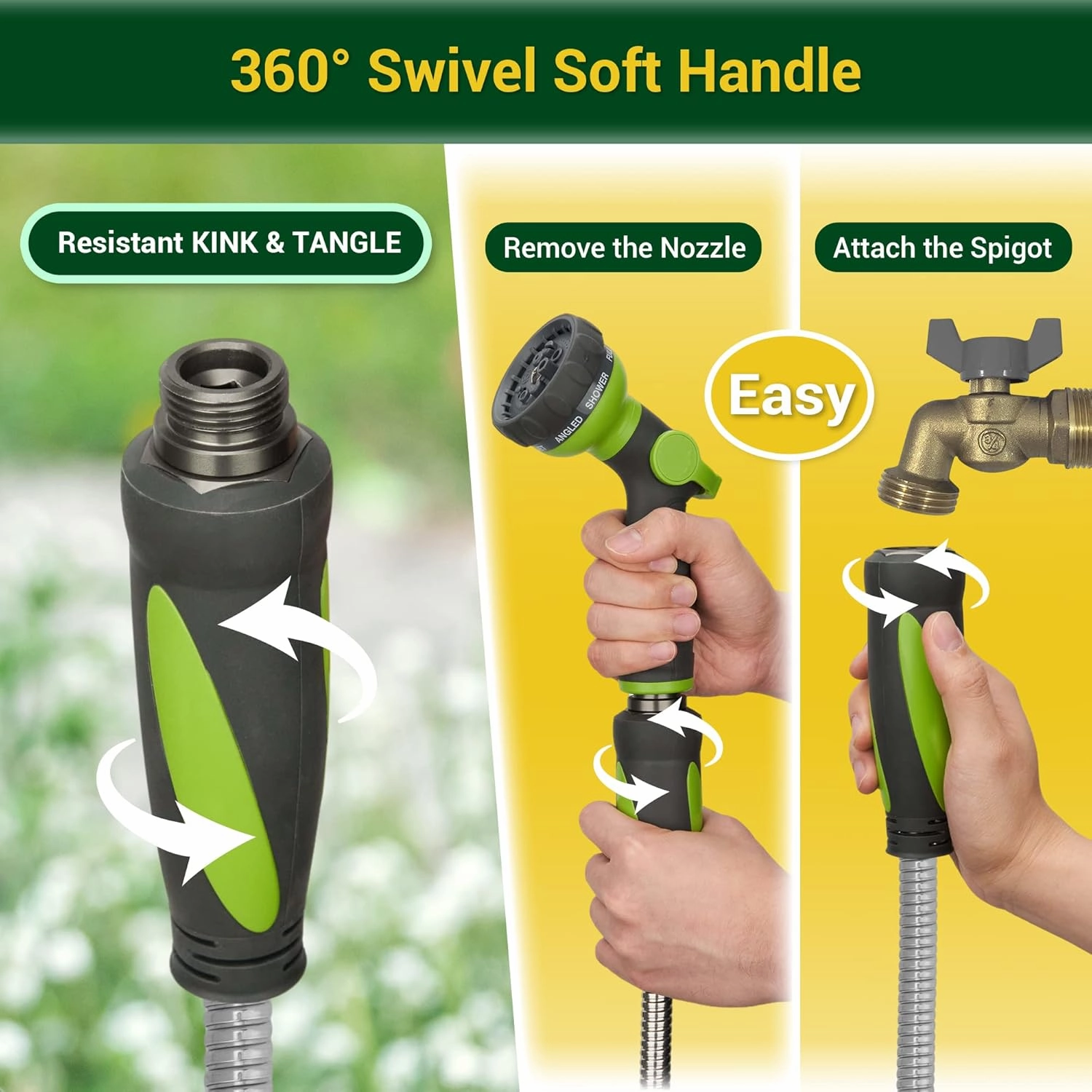 Garden Hose - Water Hose 50 FT with Swivel Handle & 8 Function Nozzle, Flexible, Heavy Duty, No Kink, Lightweight Metal Hose for Outdoor, Yard, 304 Stainless Steel