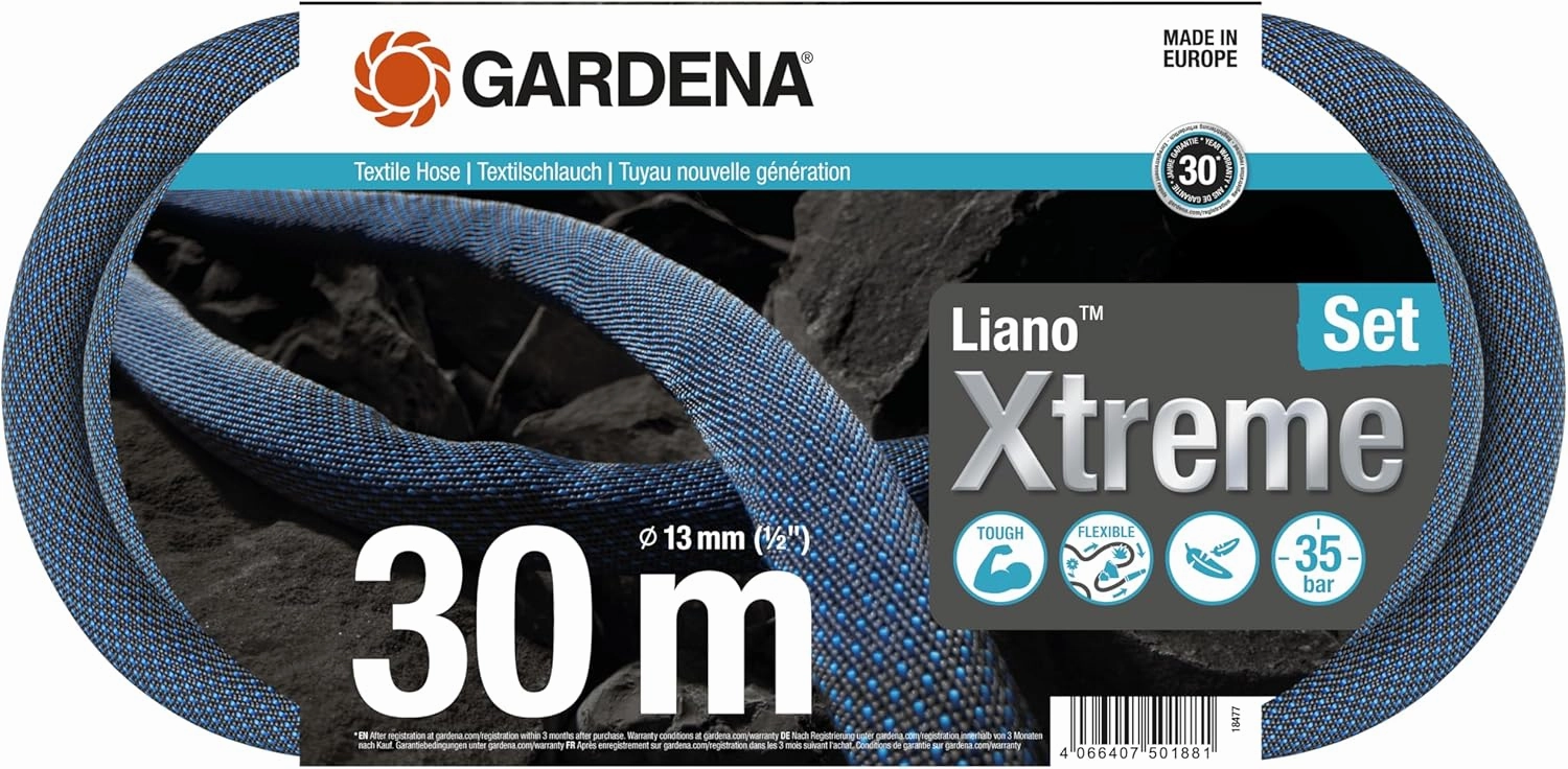 Gardena Liano Xtreme 1/2 inch, 30m set: Extremely robust textile garden hose, for indoor water taps, with PVC inner tube, lightweight, weather-resistant (18477-20)
