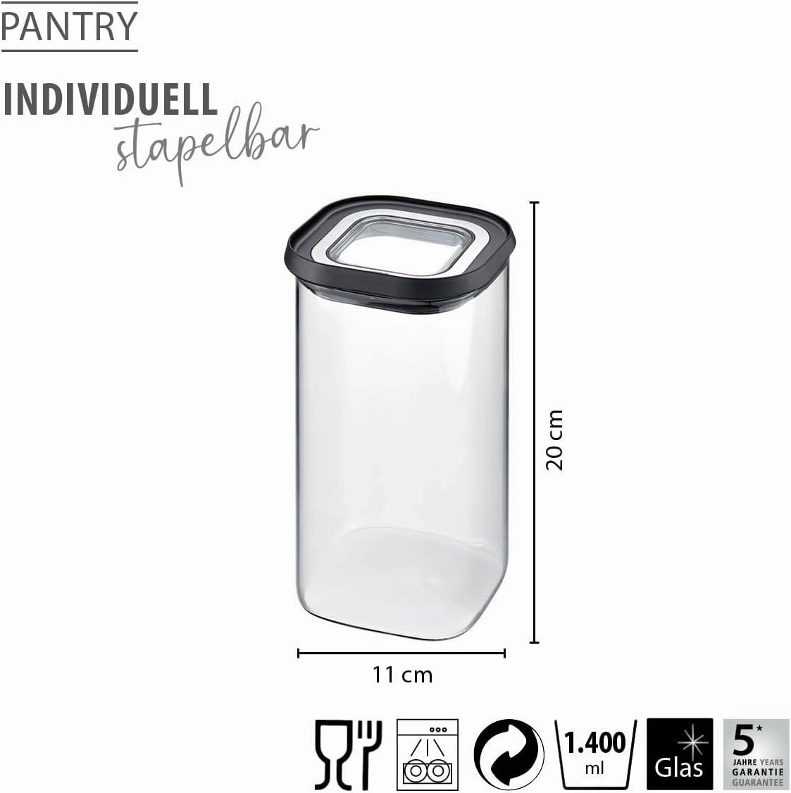 GEFU Storage Jar with Lid Airtight Storage Jar for Food, Glass Storage Container, Dishwasher Safe, 1400 ml Volume
