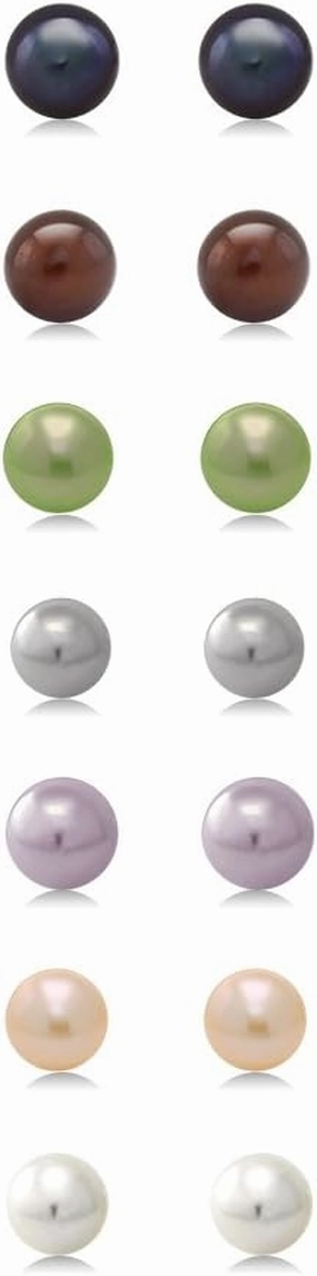 Gem Stone King A Set Of 7 Pairs Of 7mm Cultured Freshwater Pearl Stud Earrings Set In 925 Sterling Silver