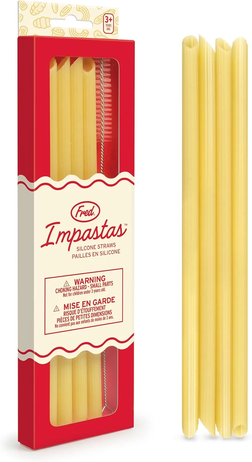 Genuine Fred IMPASTAS Silicone Pasta Straws, Set of 4, Flexible Penne Design, Straw Cleaner Included, Fun for Kids and Adults