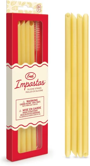 Genuine Fred IMPASTAS Silicone Pasta Straws, Set of 4, Flexible Penne Design, Straw Cleaner Included, Fun for Kids and Adults