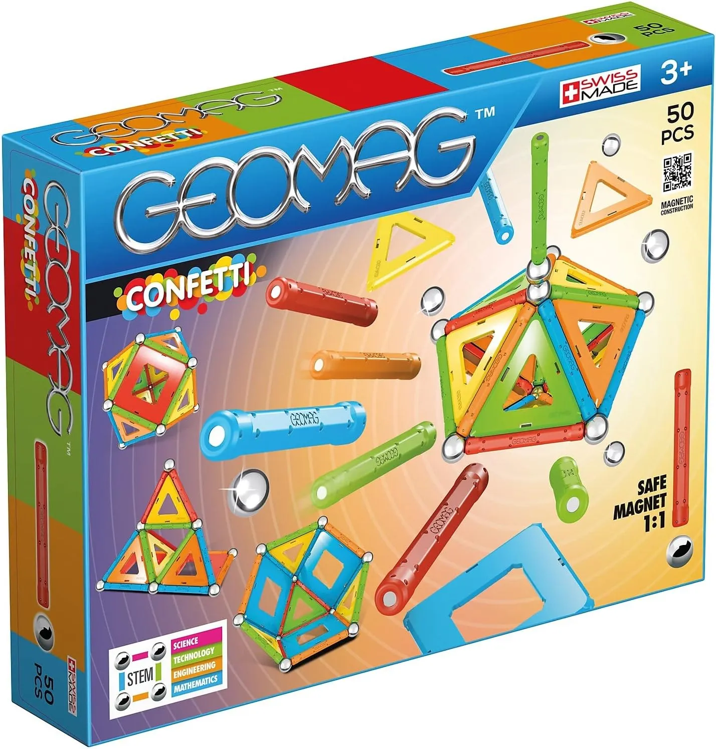 Geomag Magnetic Sticks and Balls Building Set, Magnet Toys for STEM, Creative, Educational Construction Play, Swiss-Made Innovation, Confetti 50 Piece Age 3 , Light Blue, Orange, Green, Red, Yellow