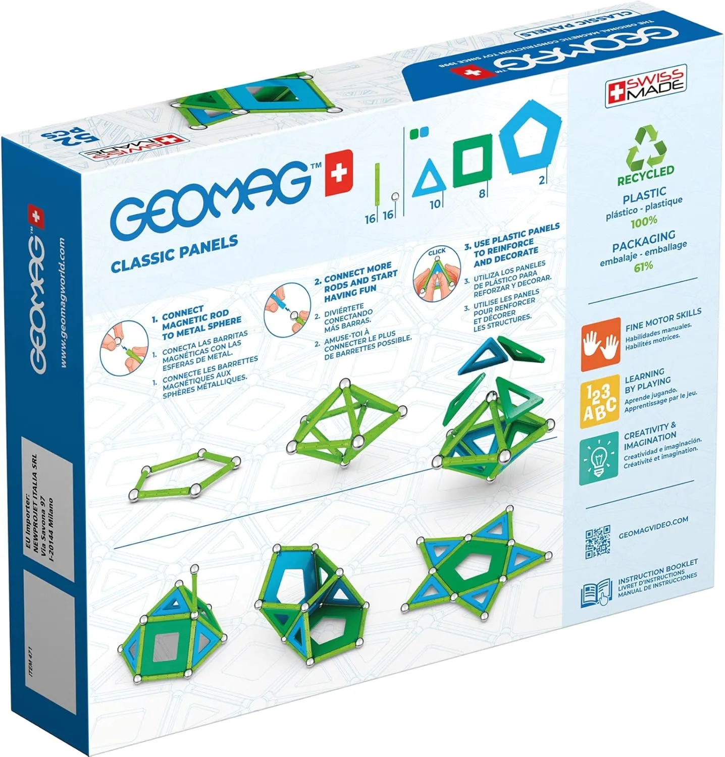 Geomag Magnetic Toys Classic Tiles 52-Piece Building Set for Kids Ages 5-99 | Swiss-Made STEM & STEAM Authenticated Educational Toy Made from 100% Recycled Plastic | Creative Learning Play