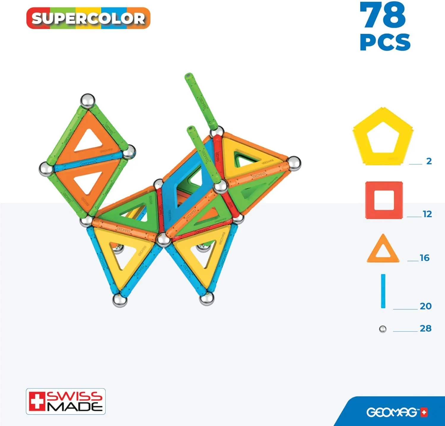 Geomag Magnetic Toys Supecolor Tiles 78-Piece Building Set for Kids Ages 5-99 | Swiss-Made STEM & STEAM Authenticated Educational Toy Made from 100% Recycled Plastic | Creative Learning Play