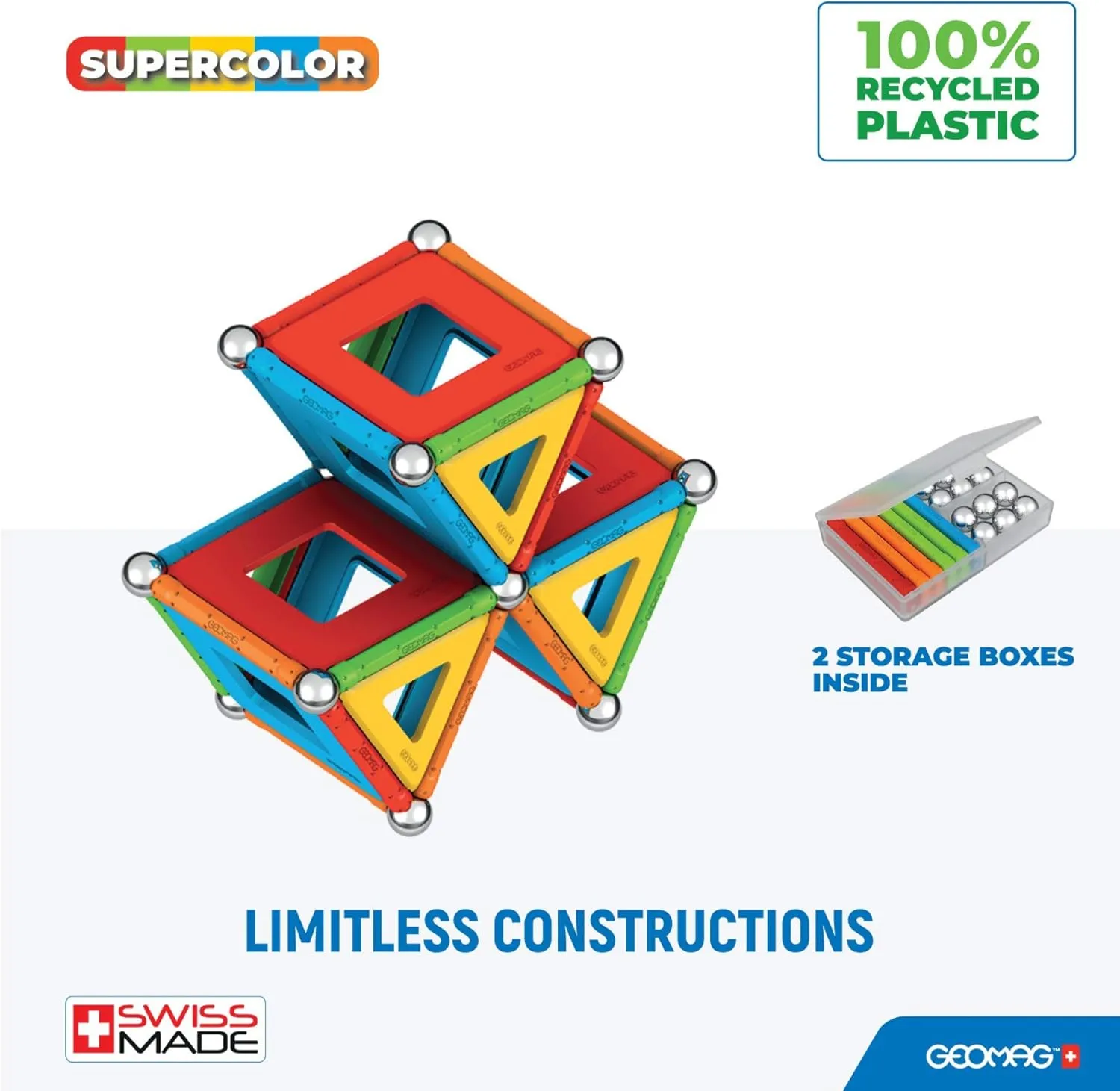 Geomag Magnetic Toys Supecolor Tiles 78-Piece Building Set for Kids Ages 5-99 | Swiss-Made STEM & STEAM Authenticated Educational Toy Made from 100% Recycled Plastic | Creative Learning Play