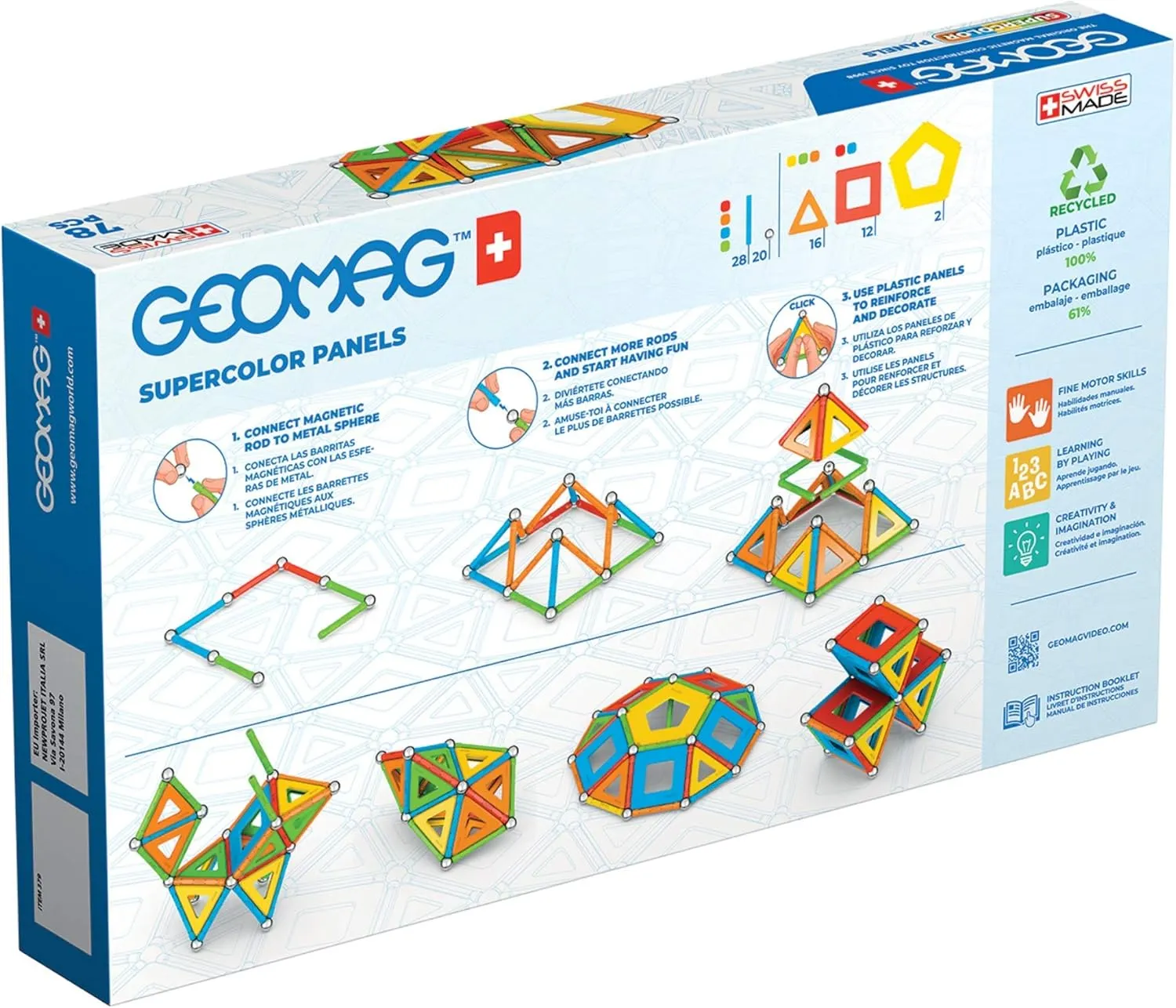 Geomag Magnetic Toys Supecolor Tiles 78-Piece Building Set for Kids Ages 5-99 | Swiss-Made STEM & STEAM Authenticated Educational Toy Made from 100% Recycled Plastic | Creative Learning Play