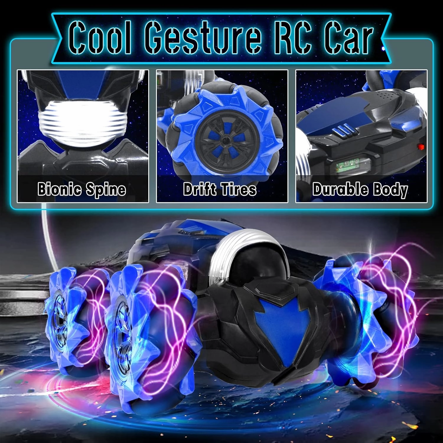 Gesture Sensing RC Stunt Car with Lights Music Hand Controlled Remote Control Car 4WD 2.4GHz Off-Road 360° Double Sided Rotation Stunt Car Birthday Gift Idea for Boys Girls (Blule)