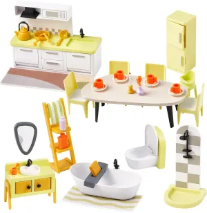 Giant bean 37pcs Green Wooden Plastic Dollhouse Furniture Kitchen and Bathroom Set, Modern Wood Dollhouse Accessories Pretend Play Furniture Toys for Boys Girls Toddlers & Kids 3 