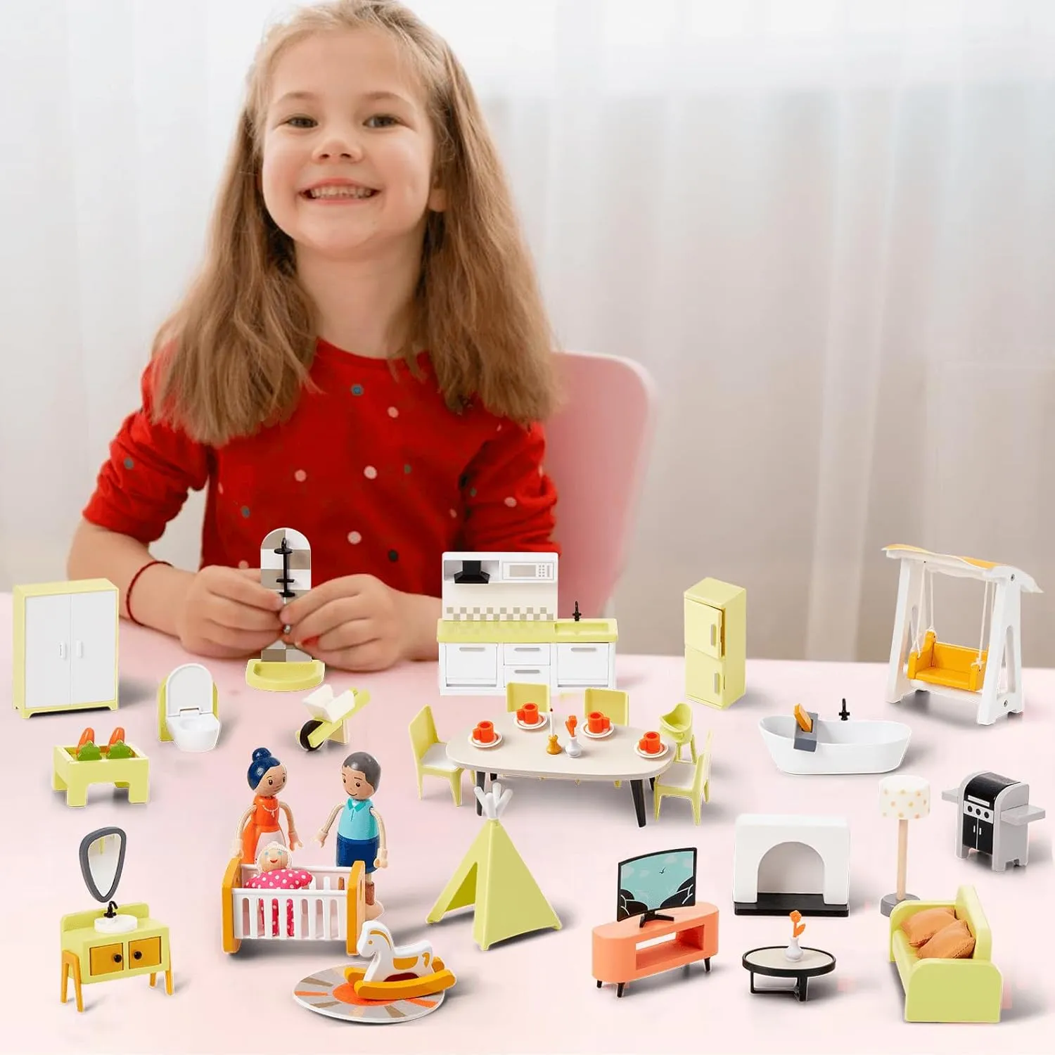 Giant bean 37pcs Green Wooden Plastic Dollhouse Furniture Kitchen and Bathroom Set, Modern Wood Dollhouse Accessories Pretend Play Furniture Toys for Boys Girls Toddlers & Kids 3 