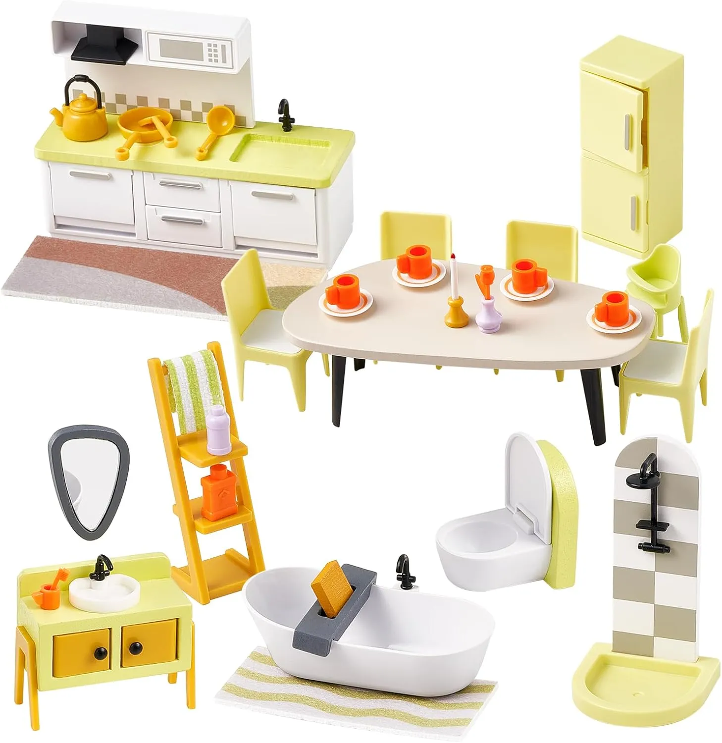 Giant bean 37pcs Green Wooden Plastic Dollhouse Furniture Kitchen and Bathroom Set, Modern Wood Dollhouse Accessories Pretend Play Furniture Toys for Boys Girls Toddlers & Kids 3 