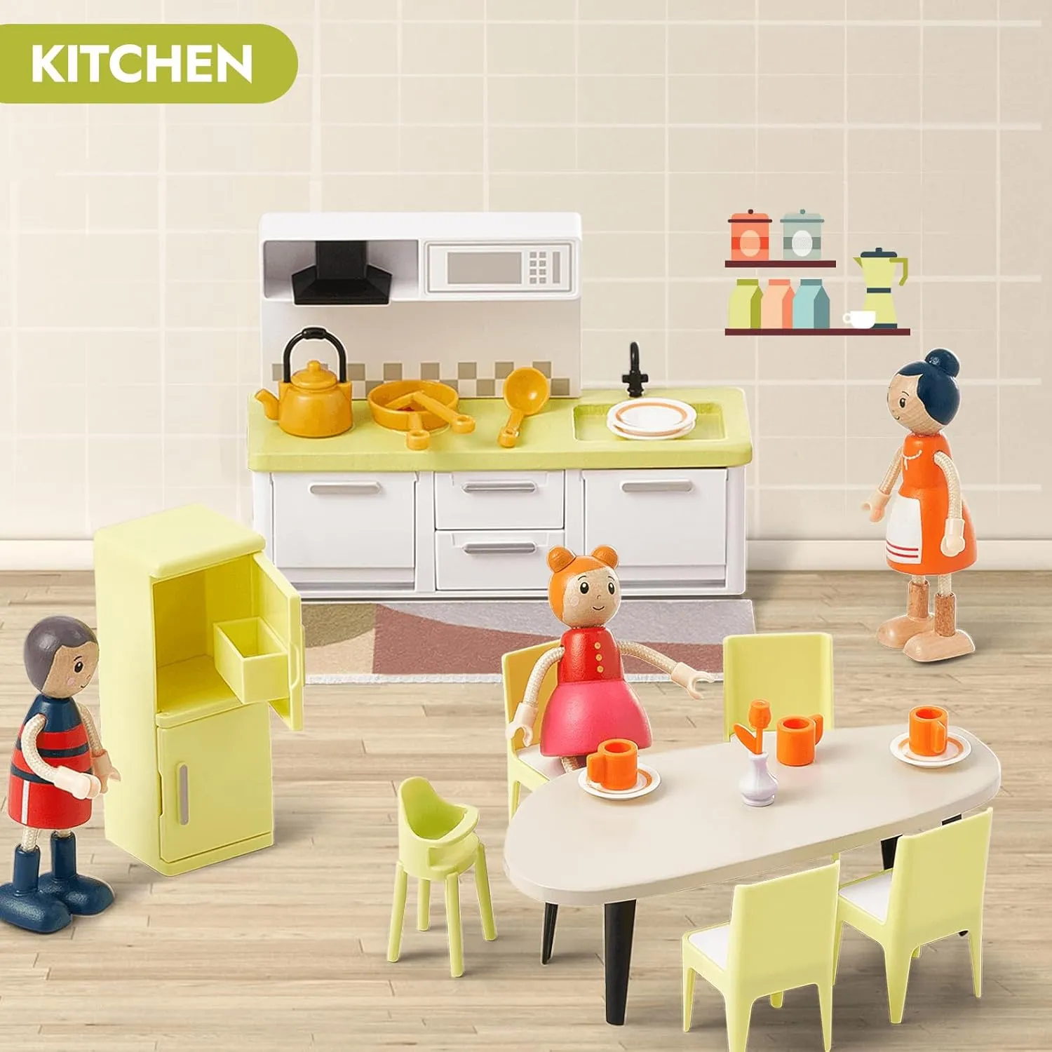 Giant bean 37pcs Green Wooden Plastic Dollhouse Furniture Kitchen and Bathroom Set, Modern Wood Dollhouse Accessories Pretend Play Furniture Toys for Boys Girls Toddlers & Kids 3 