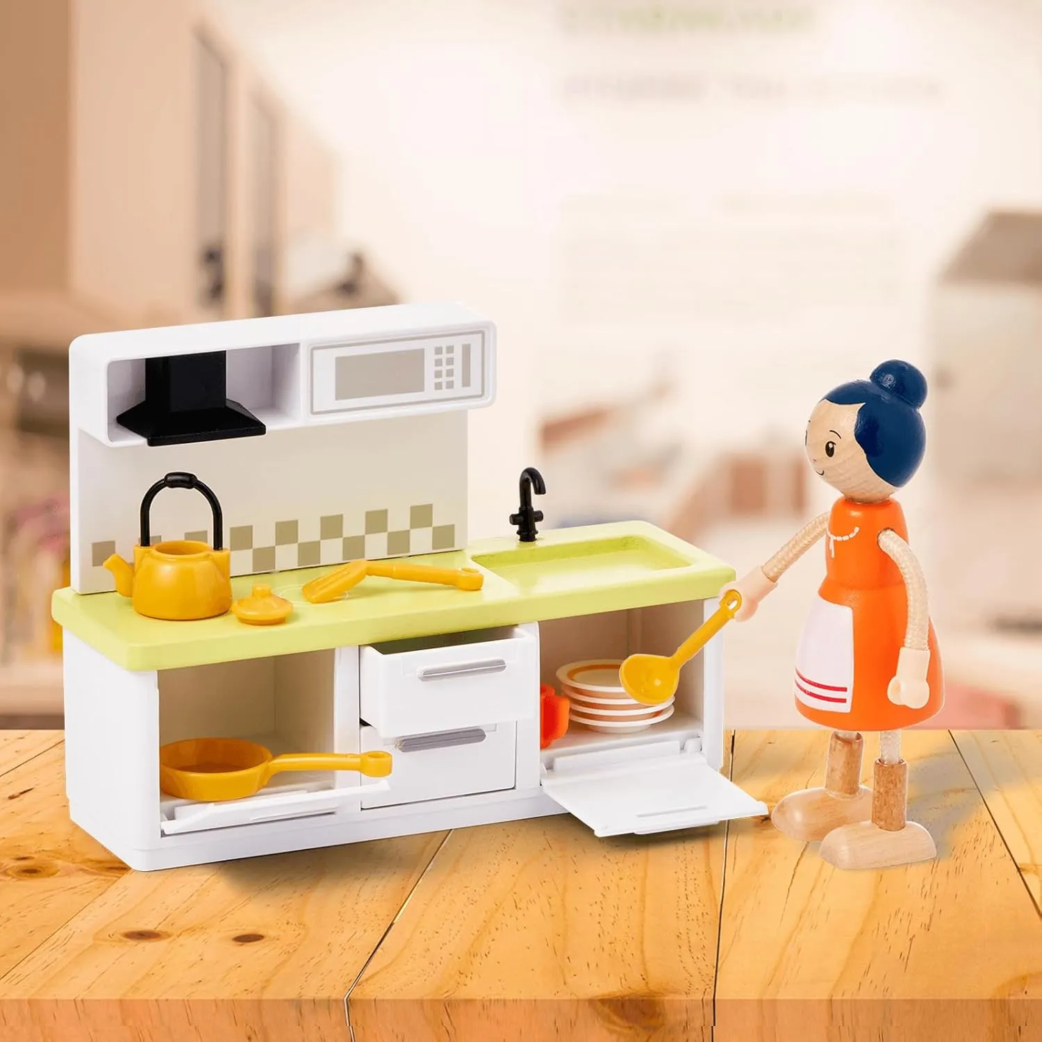 Giant bean 37pcs Green Wooden Plastic Dollhouse Furniture Kitchen and Bathroom Set, Modern Wood Dollhouse Accessories Pretend Play Furniture Toys for Boys Girls Toddlers & Kids 3 