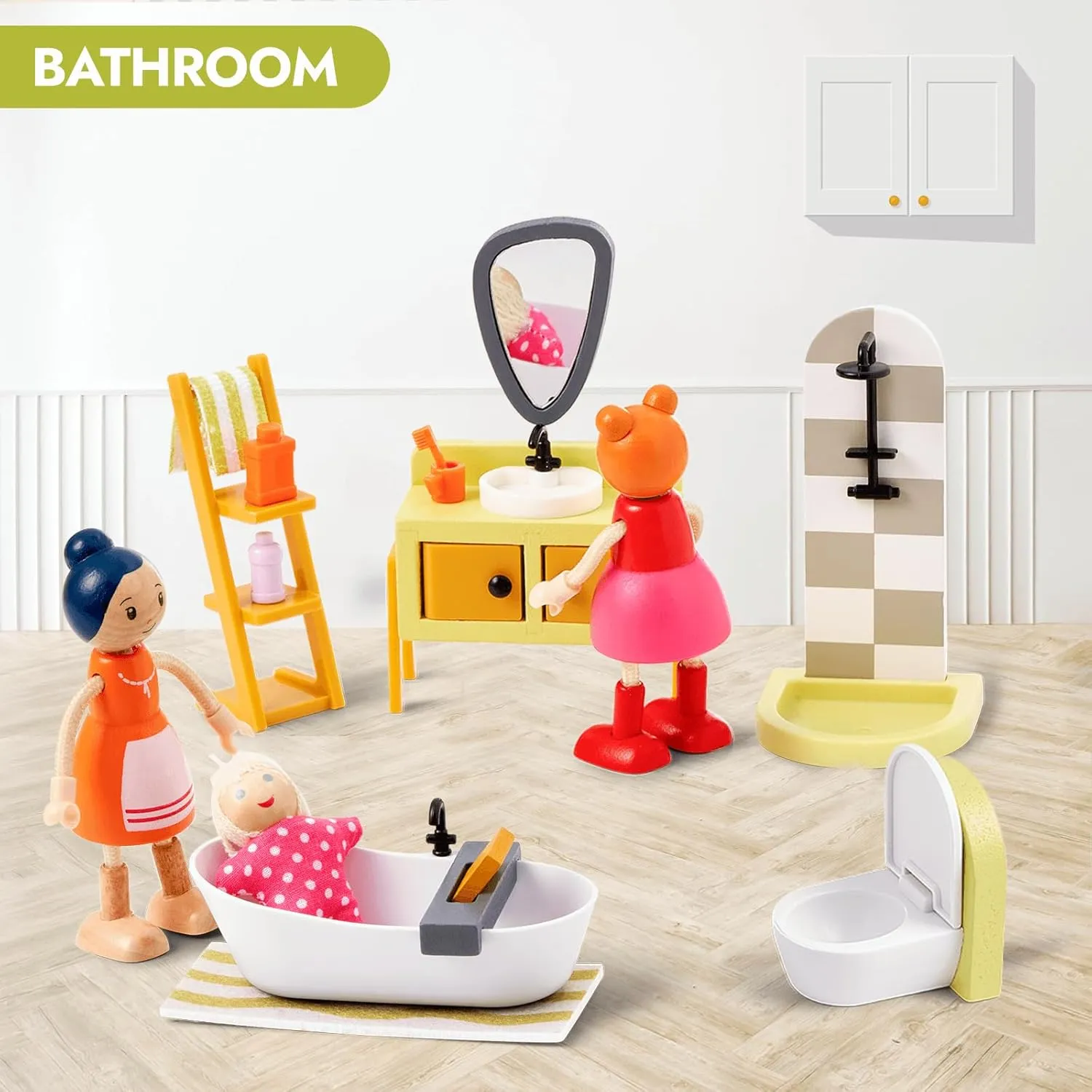 Giant bean 37pcs Green Wooden Plastic Dollhouse Furniture Kitchen and Bathroom Set, Modern Wood Dollhouse Accessories Pretend Play Furniture Toys for Boys Girls Toddlers & Kids 3 