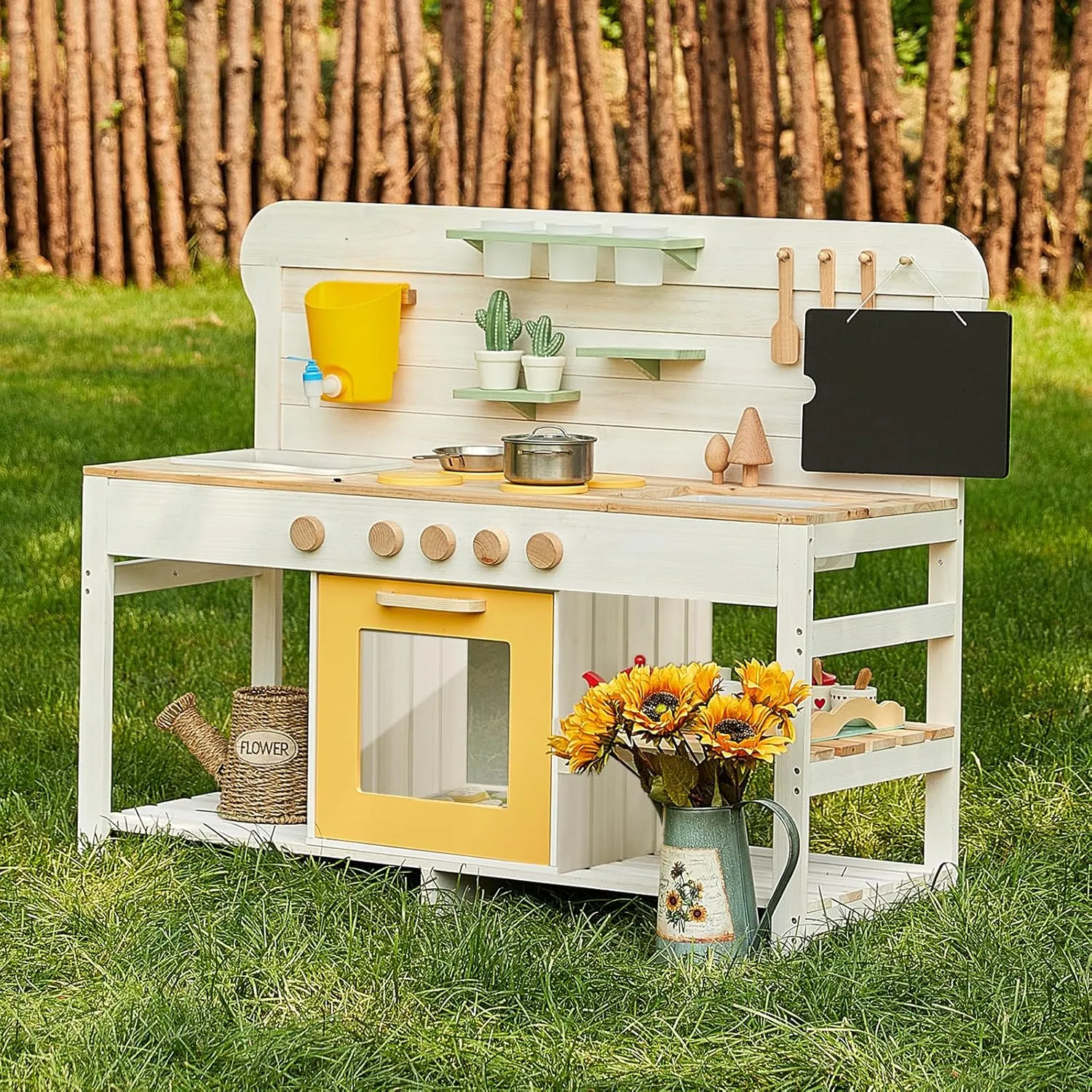 Giant bean Mud Kitchen for Kids Outdoor, Deluxe Wooden Toy Play Kitchen Set, with Sand and Water Sink, Blackboard and Kitchen Accessories for Boys and Girls Ages 3-8 Indoor & Outdoor Activities