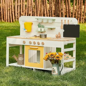 Giant bean Mud Kitchen for Kids Outdoor, Deluxe Wooden Toy Play Kitchen Set, with Sand and Water Sink, Blackboard and Kitchen Accessories for Boys and Girls Ages 3-8 Indoor & Outdoor Activities