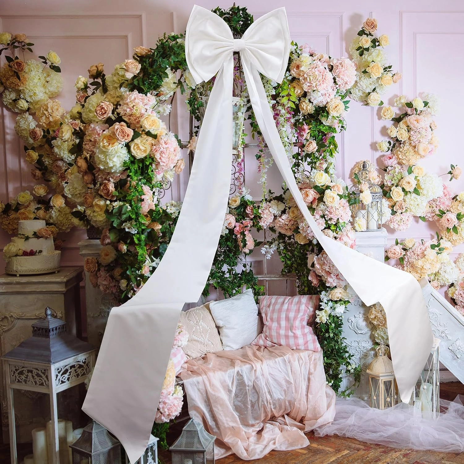 Giant Bow Decoration, Big Bows for Backdrop 75x18 Inch,Bow Themed Room Decor,Large Satin Decorative Bows for Wedding Engagement Bachelorette Baby Shower Bridal Christmas(White,Satin)