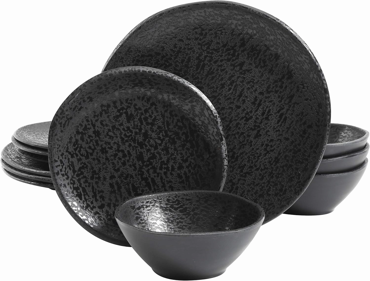 Gibson Home Yoko Round Melamine Plastic Dinnerware Set, Service for Four (12pcs), Matte Black