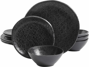 Gibson Home Yoko Round Melamine Plastic Dinnerware Set, Service for Four (12pcs), Matte Black