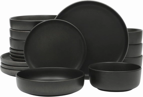 Gibson Soho Lounge Pasco 16 Piece (Service for 4) Plates and Bowls Double Bowl Reactive Glaze Dishes Stoneware Ceramic Dinnerware Set - Black